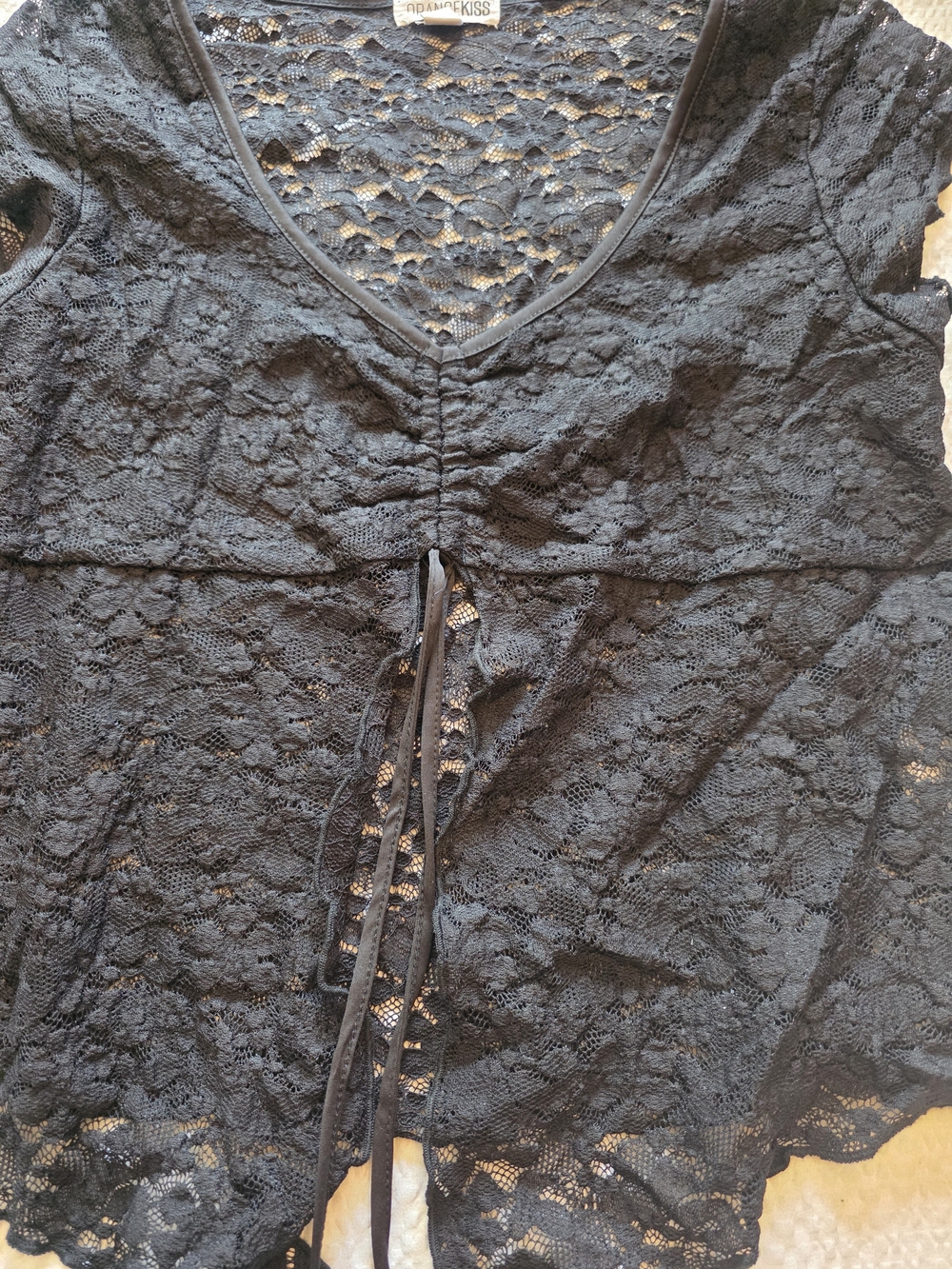 Black Lace V-Neck Tie-Front Blouse - Orange Kiss L - Picture 2 of 3